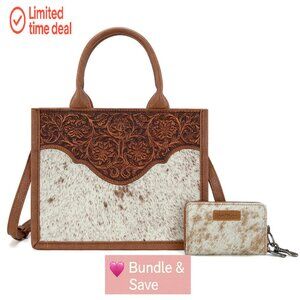 Western Tote Bag Hair-On Cowhide Floral Tooled Handbag 10.5x8